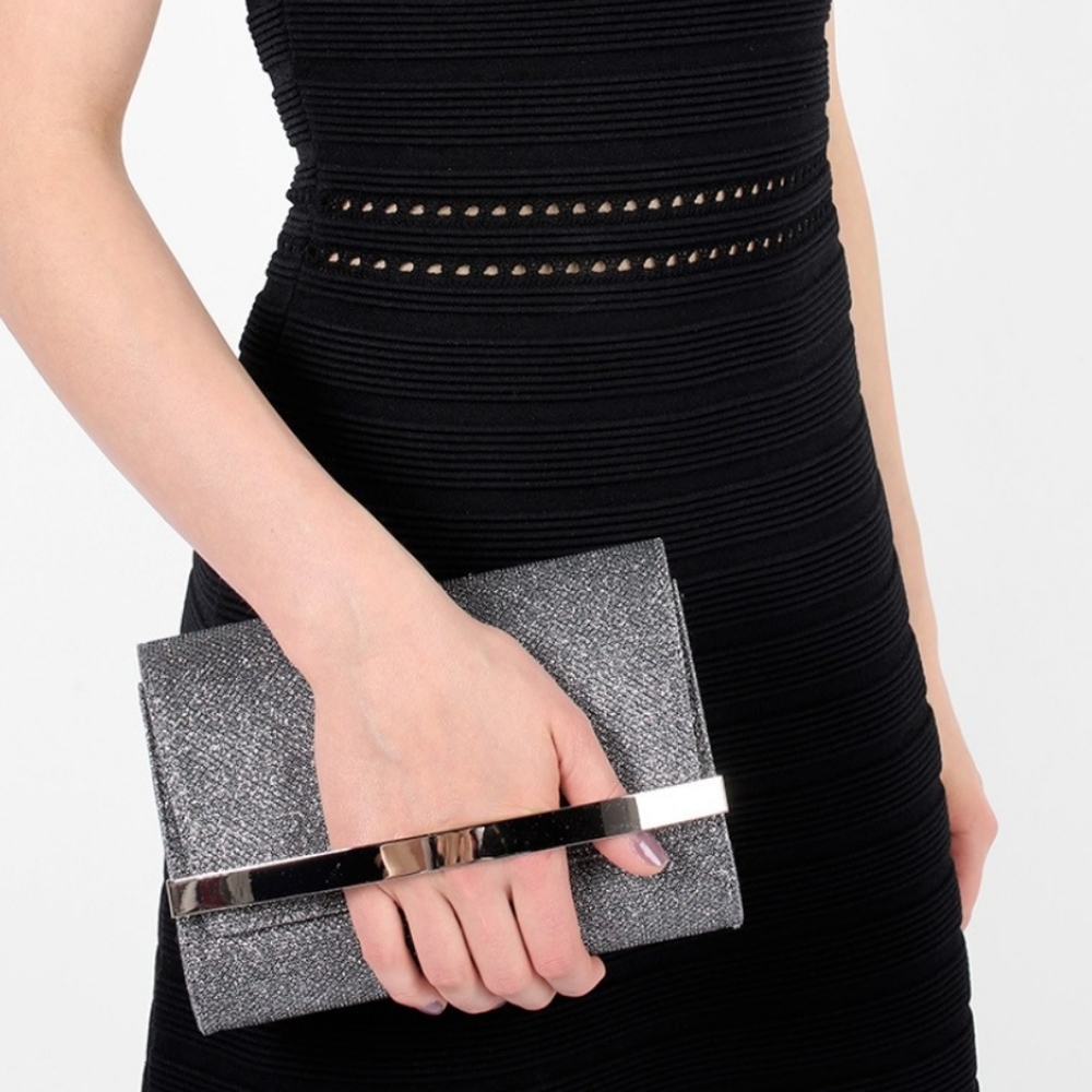JIMMY CHOO Bow Anthracite Lamé Glitter Clutch Bag